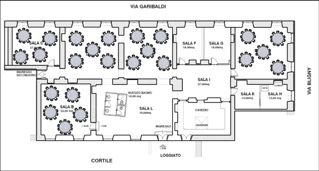 Pianta di Piano Nobile Torino con i tavoli rotondi per pranzi e cene nelle sale di Palazzo Saluzzo Paesana