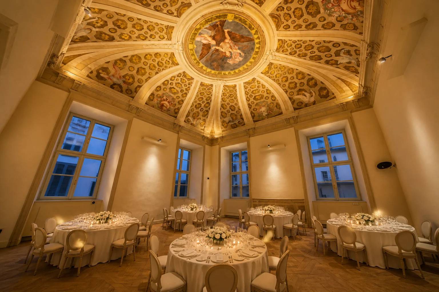 Ricostruzione del Salone del Paradiso apparecchiato per una cena a Piano Nobile Torino
